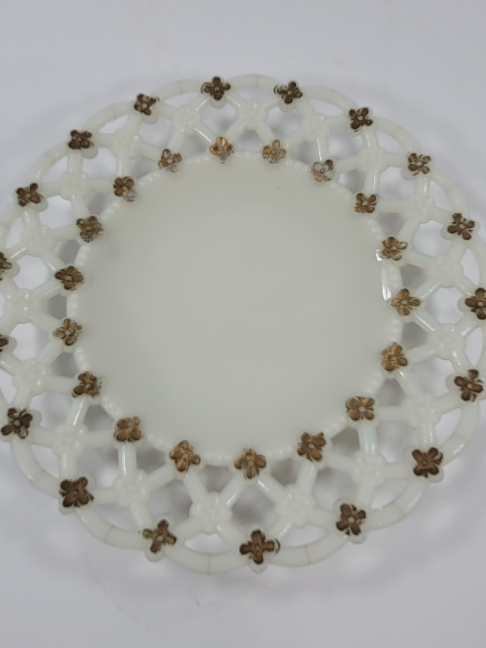 Vintage Forget Me Not Milk Glass Plate W/ Lace Lattice Rim